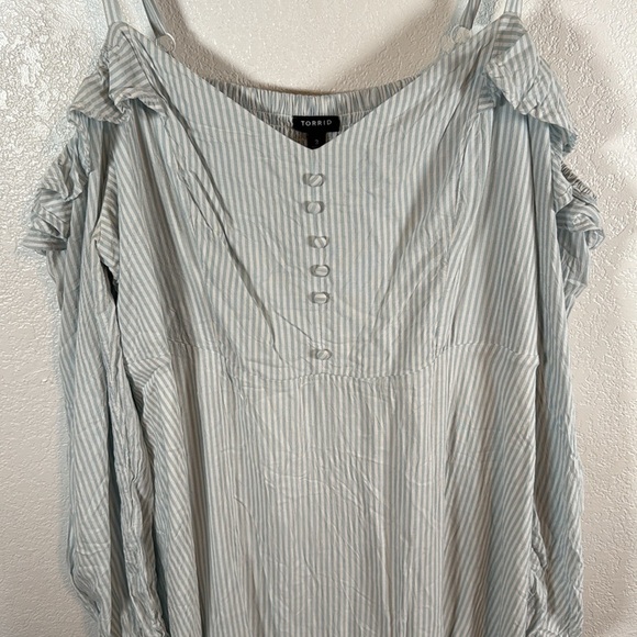 Torrid Blue Stripe Ruffle Shoulder Milkmaid Mini Dress Smocked Back Size 3X - Picture 2 of 9